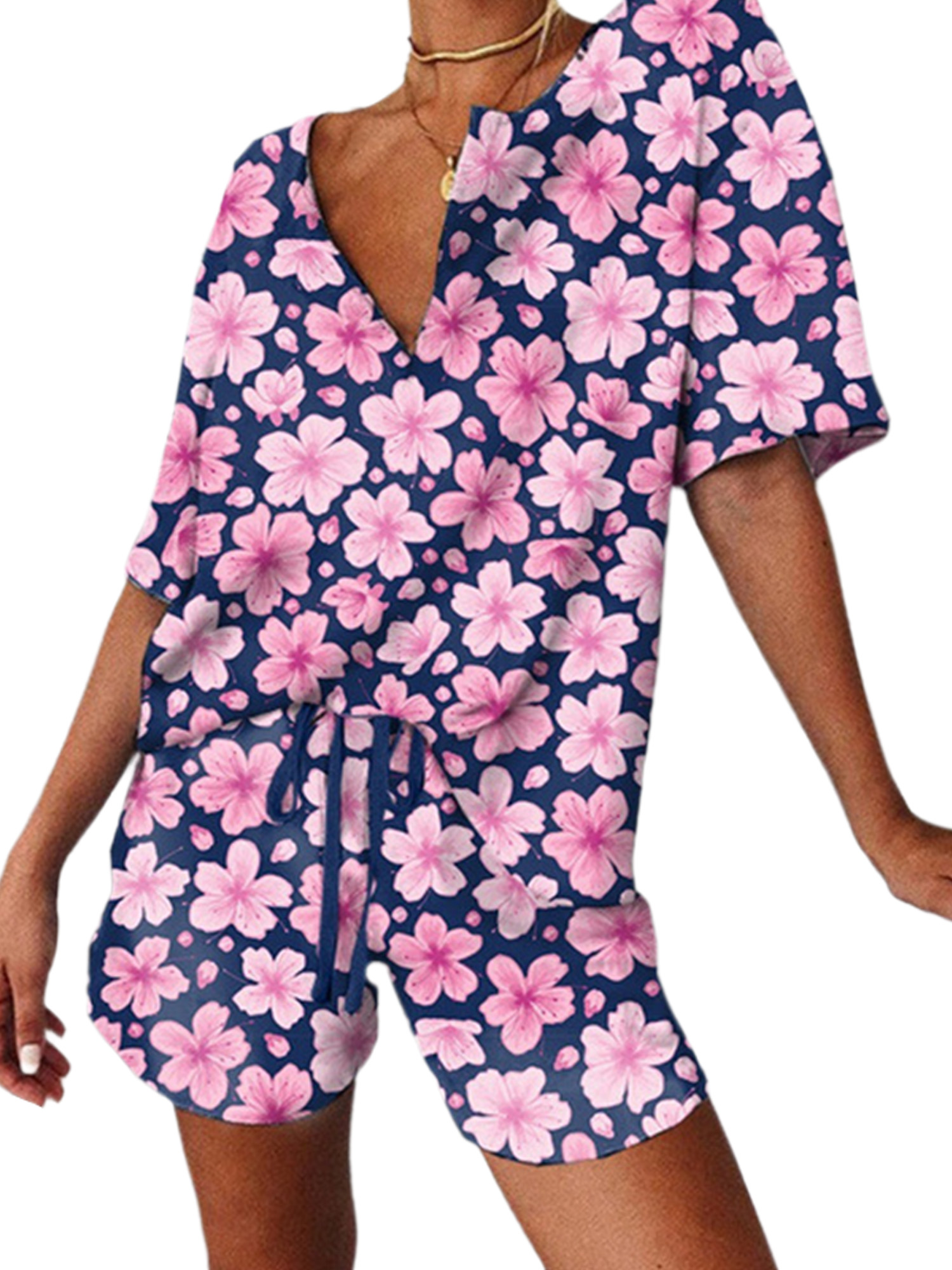 Innerwin Tenues Imprimé Melon D\'eau Marguerite Ensemble Décontracté pour Femmes Col en V Violet G