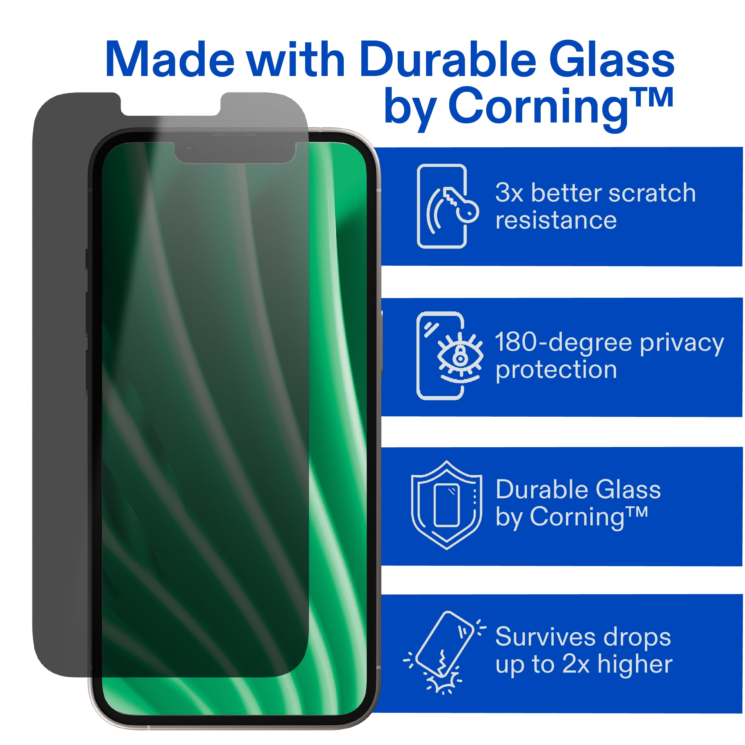 onn Protecteur d’écran en verre intimité pour iPhone® 17e / 16e / 14 / 13 / 13 Pro, fabriqué avec du verre résistant de Corning🅪, intimité à 180°, plateau d’installation facile