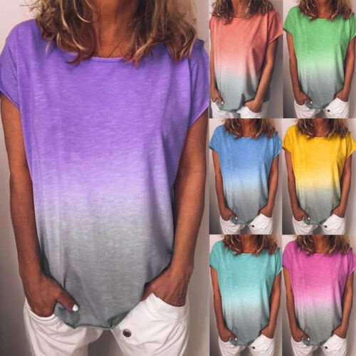 Womens Summer Short Sleeve Gradient Plus Size Casual Beach T Shirt Tops Blouse