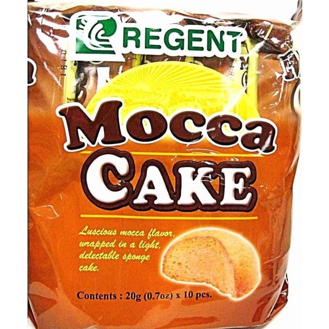 Regent Mocca Flavoured Cake 20g x 10pcs package showing individually wrapped light brown sponge cakes with moist mocca flavor, featuring the Regent logo and product details on a brown and yellow background.