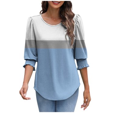 Lmnyox Women's Casual Tops 3/4 Puff Sleeve Crew Neck Summer Fashion Shirts Striped Loose Trendy Tunic Tops