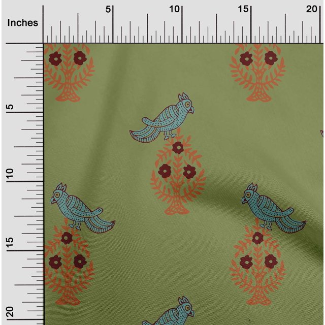 oneOone Polyester Lycra Fabric Leaves|Bird & Floral Block Print Sewing Fabric BTY 56 Inch Wide