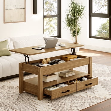 GUNAITO Lift Top Coffee Table with 2 Drawers, Wooden Coffee Table with Storage Cabinet and Hidden Compartments for Living Room, light brown, Rectangle