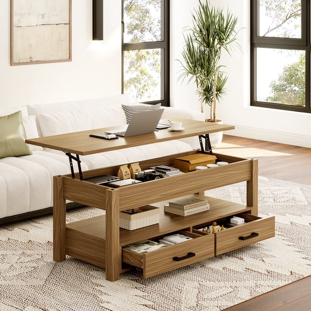 GUNAITO Lift Top Coffee Table with 2 Drawers, Wooden Coffee Table with Storage Cabinet and Hidden Compartments for Living Room, light brown, Rectangle