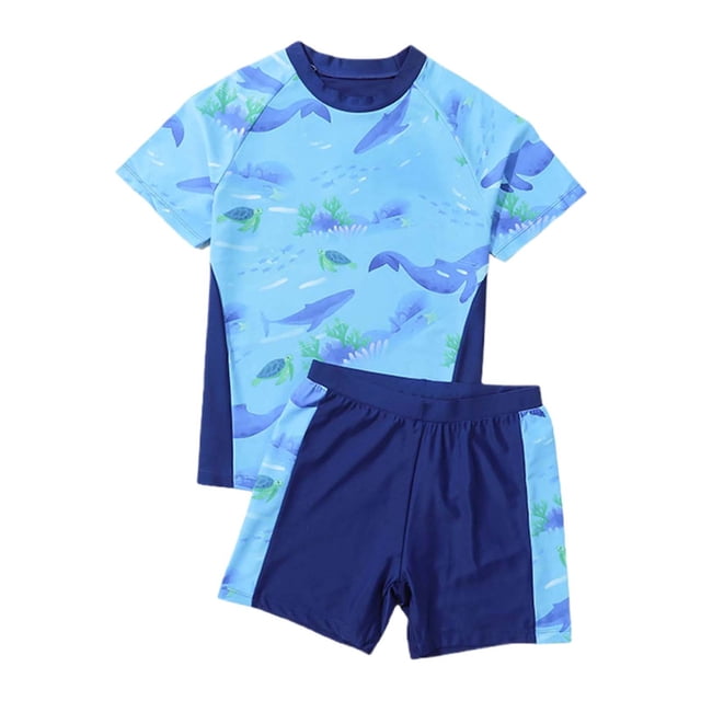 PMVFHDE Boys Plus Size Swimwear | Quick-Dry Two-Piece Swimsuit Set | Solid Color Summer Swim Trunks & Rash Guard Blue-D,160