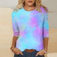 thumbnail image 2 of Besolor T-Shirts à Manches 3/4 pour Femmes, Tendance, Col Ras du Cou Teinture sur Nœuds, Hauts Décontractés Amples, Blouse T-Shirts pour Sorties, 2 of 5