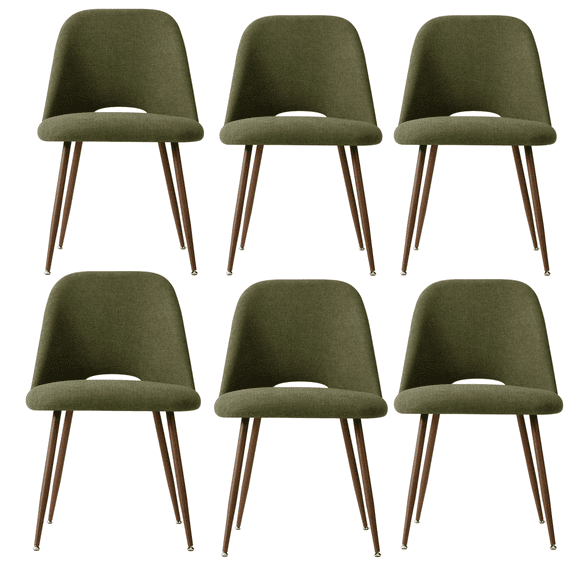 KOSSMAI Set of 6 Mid Century Modern Upholstered Dining Chairs, Fabric Padded Seat with Cut-Out Back, Walnut Metal Legs, Kitchen Dining Room Chair Olive Green