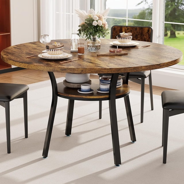 Table à Manger Ronde de 47 Pouces pour 4 à 6 Personnes, Table de Cuisine Style Ferme, Table de Souper Ronde avec Tablette de Rangement pour Cuisine, Salon (Table Seulement), Brun Rustique