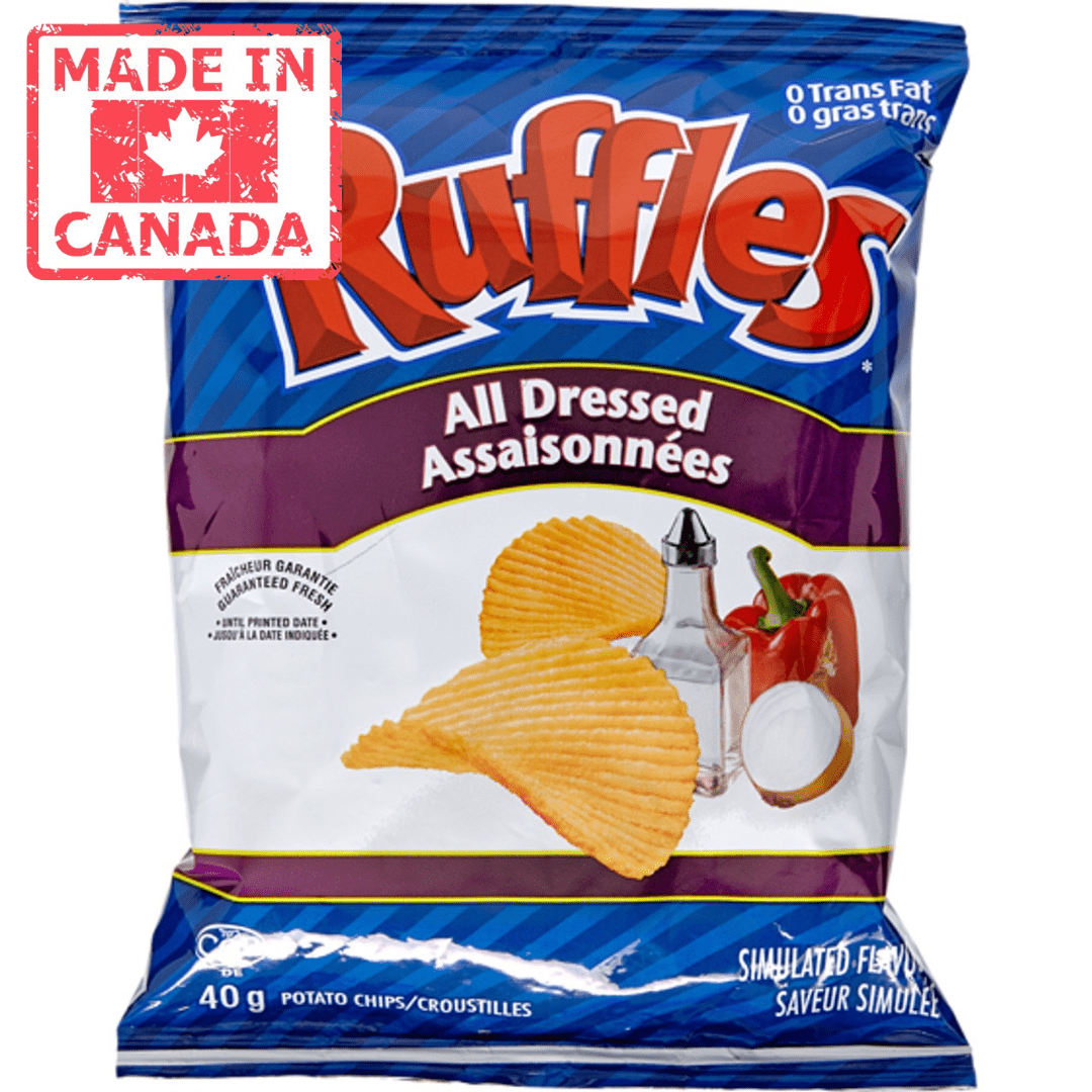 Ruffles All Dressed Potato Chips, Iconic Ridged Savory Snack, 48-Count Bulk Vending Case (40 g Individual Bags)