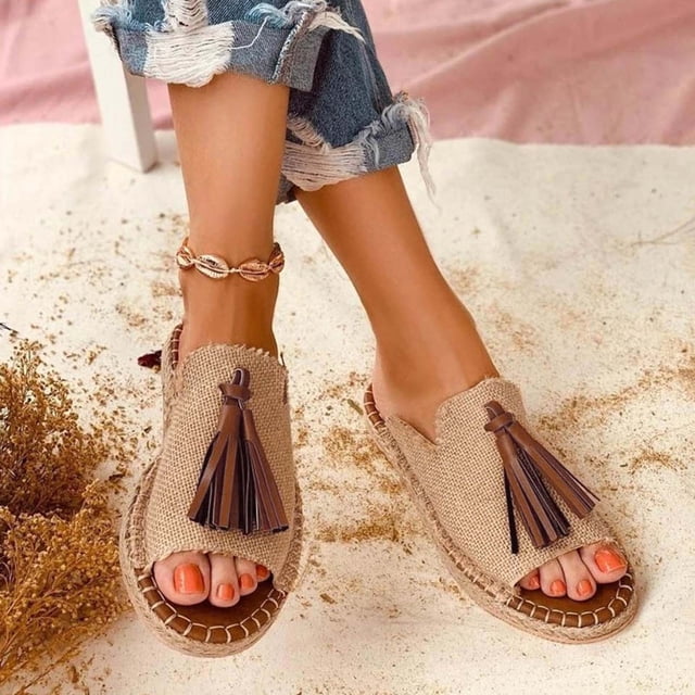 LSLJS Sandales Plates Décontractées à Franges pour Femmes, Pantoufles à Bout Ouvert pour Femmes