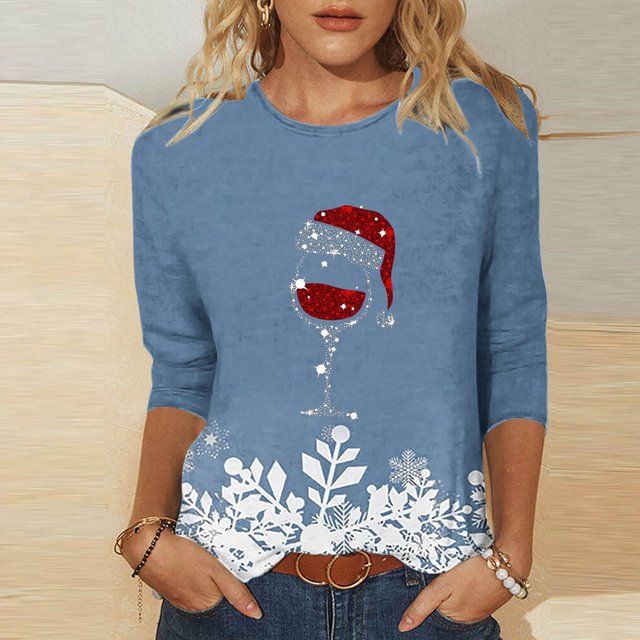 Meichang T-Shirts à Manches 3/4 pour Femmes de Noël avec Verre de Vin, T-Shirts Graphiques Décontractés à Col Rond, Chandail à Enfiler Coupe Ample, Hauts des Fêtes en Liquidation, Cadeaux de Noël