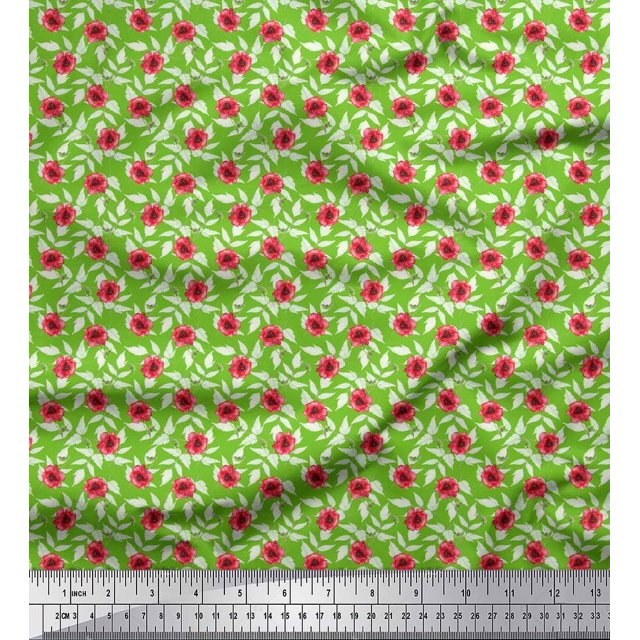 Soimoi Rayon Fabric Leaves & Poppy Floral Printed Fabric 1 Yard 42 Inch Wide
