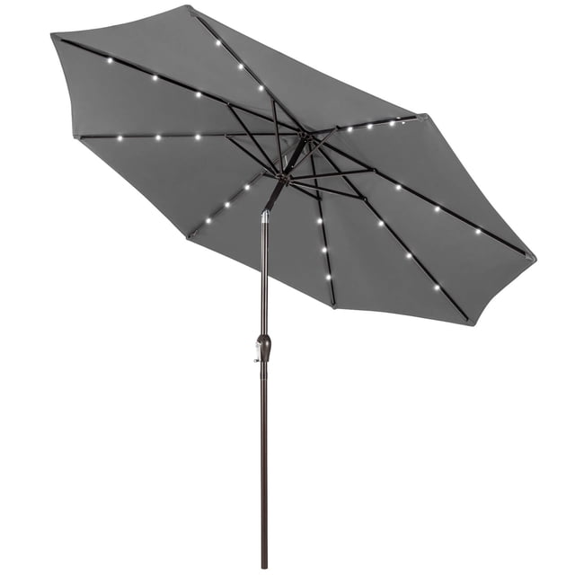 Gymax Parasol Solaire de Marché 10 Pi à DEL en Acier Inclinable avec Manivelle pour Patio Gris