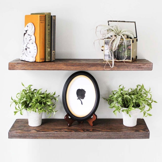 Willow & Grace Tom 24 Inch Floating Wood Shelves, Dark Walnut (6 Pack)