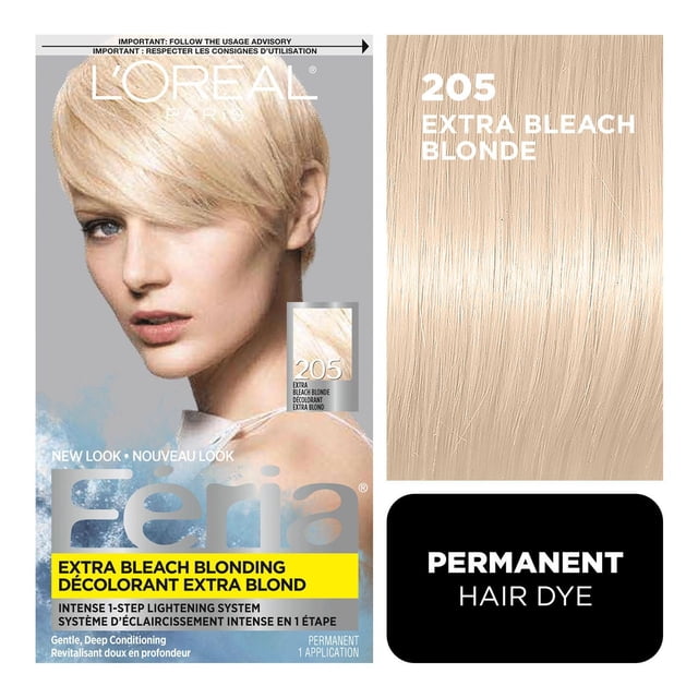 L'Oréal Paris Feria permanent hair color in shade 205 Extra Bleach Blonde, featuring an intense 1-step lightening system with gentle deep conditioning for permanent, vibrant blonde hair colour.
