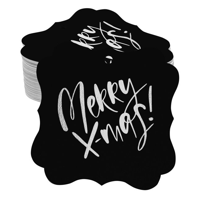 Inkdotpot Real Silver Foil Bracket Shape Paper Hang Tags Merry X-Mas Christmas Favor Tags Pack Of 50