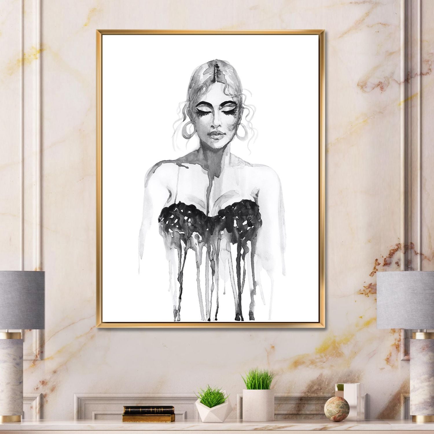 Designart Portrait monochrome de femme portant une robe de soirée ART MURAL À CADRE FLOTTÉ