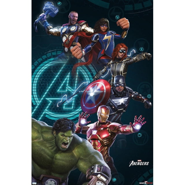 Marvel's Avengers - Affiche Murale de Groupe, 22,375 Pouces x 34 Pouces Représentant Thor avec Son Marteau Éclairé, Ms. Marvel en Complet Bleu avec un Éclair Jaune, Black Widow en Complet Tactique Noir, Machine de Guerre Brandissant le Bouclier de Captain America, Iron Man en Armure Rouge et Or avec des Paumes Lumineuses, et Hulk en Forme Verte Musclée, le Tout sur un Fond Sombre avec un logo Avengers Lumineux.