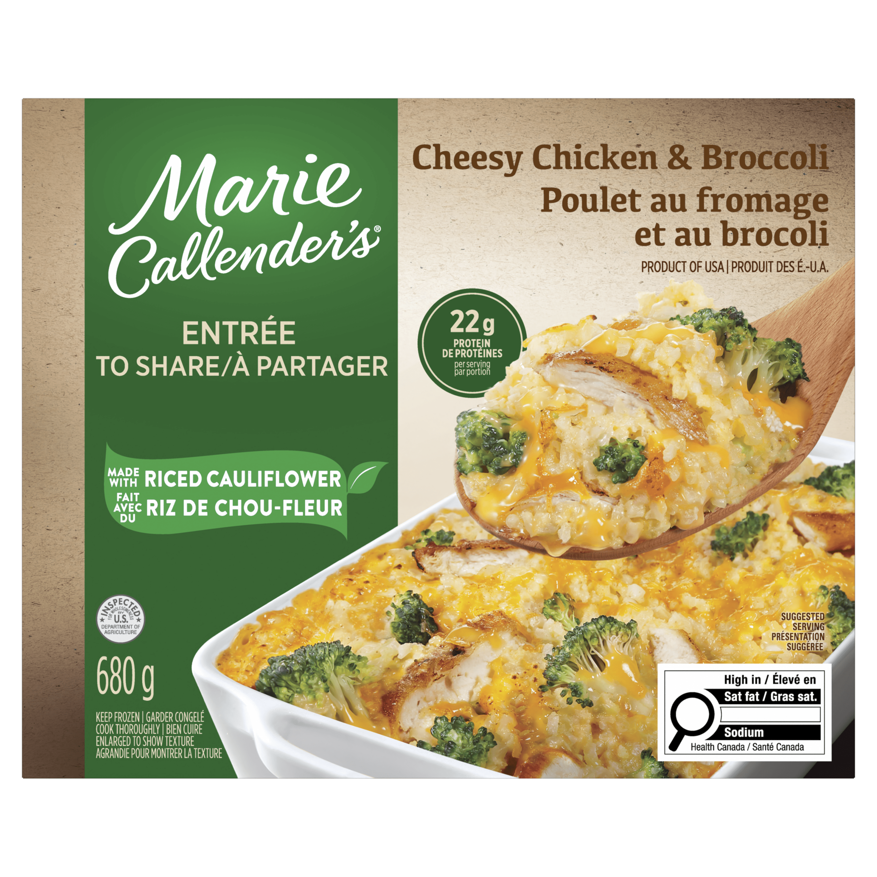 Poulet au fromage et au brocoli en format à partager surgelé Marie Callender's dîner glacé, Préparé avec du riz de chou-fleur, des morceaux de poitrine de poulet grillée, 22 g de protéines Poulet au fromage et au brocoli en format repas surgelé, 680g