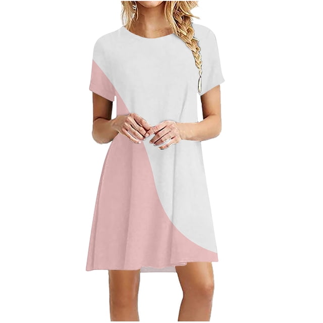 Womens Summer Plus Size Dresses Casual Color Block Patchwork Print Mini Sundress Tunic Round Neck Short Sleeve Dress