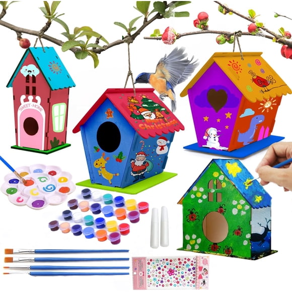 4 Pack Bird House Kits for Kids Ages 4-6 8-12, DIY Birdhouse Crafts for Kids to Build and Paint, Painting for Kids Ages 4-8, Wooden Birdhouse Arts, Ideal Birthday, Children's Day
