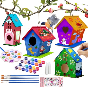 4 Pack Bird House Kits for Kids Ages 4-6 8-12, DIY Birdhouse Crafts for Kids to Build and Paint, Painting for Kids Ages 4-8, Wooden Birdhouse Arts, Ideal Birthday, Children's Day