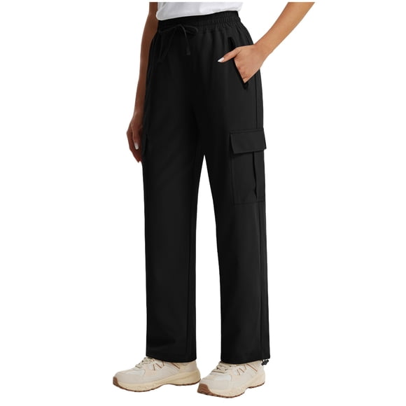 Amzcrzy Women's Pants Trendy Solid Color Pockets Cargo Pants Casual Baggy Elastic Waist Hiking Pants for Women Comfy Drawstring Trousers M