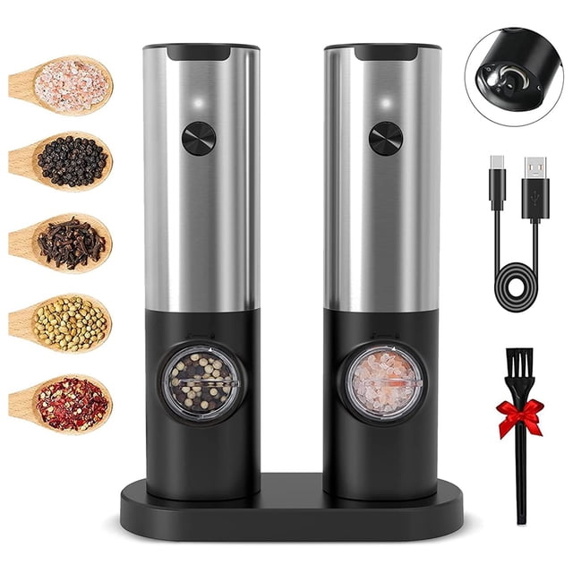Rechargeable Electric Salt and Pepper Grinder Set with Double Charging Base, featuring two black and silver automatic grinders with visible refillable spice containers. Includes a USB cable, charging base, and cleaning brush. Adjustable coarseness knob and built-in LED light for precise seasoning. USB rechargeable spice mill suitable for salt, pepper, and other solid seasonings.