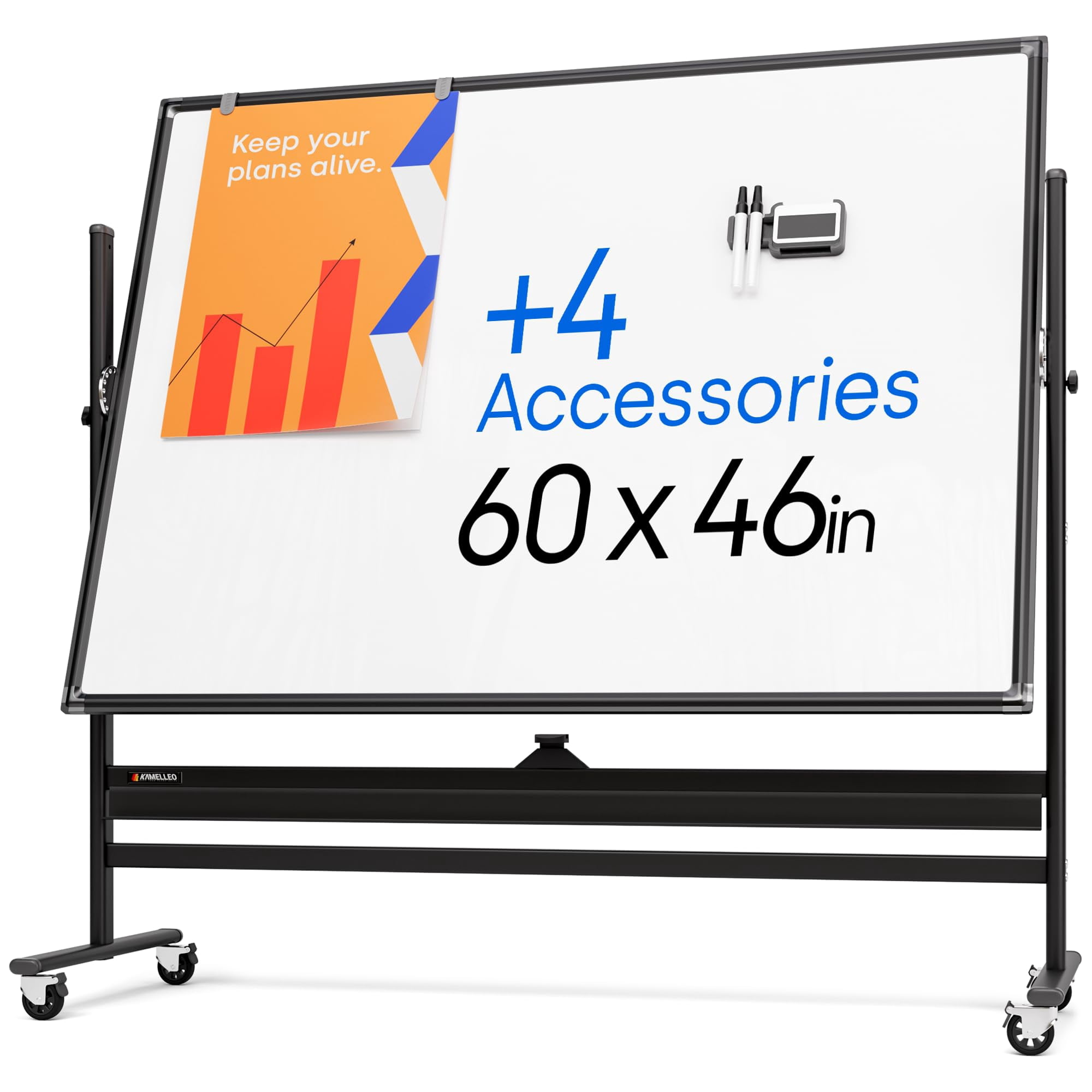 Rolling Dry Erase Board 60 x 46 - Large Portable Magnetic Whiteboard with Stand - Double Sided Easel Style with Wheels - Mobile Standing Whiteboard for Office, Classroom & Home