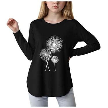 Zanarzt T-Shirt à Manches Longues pour Filles en Coton, Chemises à Manches Longues pour Enfants, Ourlet Arrondi, Fente Latérale, Tuniques Douces, Hauts, T-Shirts Mode pour Filles, Noir, 7-8 Ans
