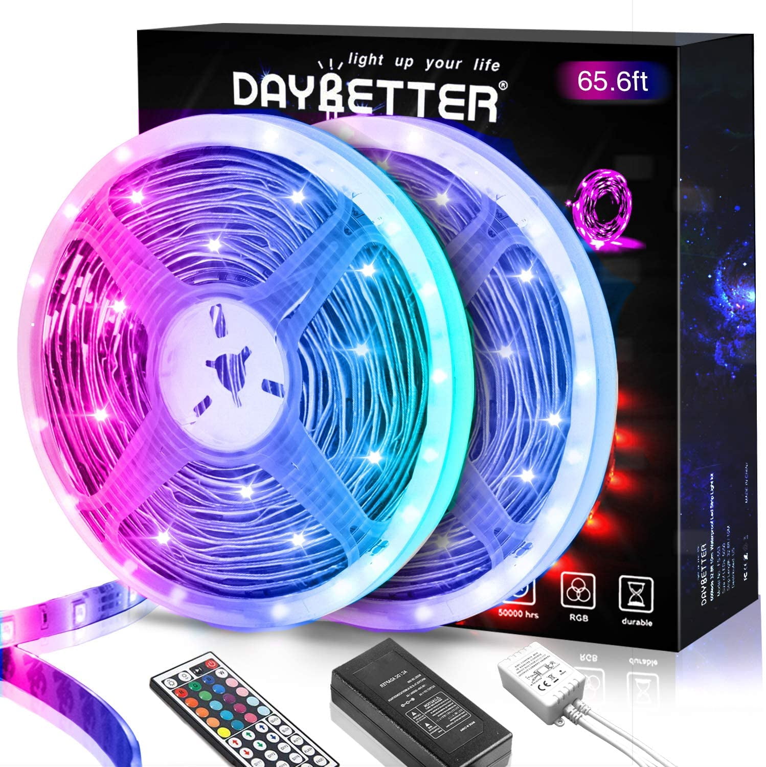 65.6ft Led Strip Lights, Lights Strip for Bedroom, Color Changing 5050 RGB 600 LEDs, 2 Rolls of 32.8ft LED Lights with 44 Keys IR Remote Controller