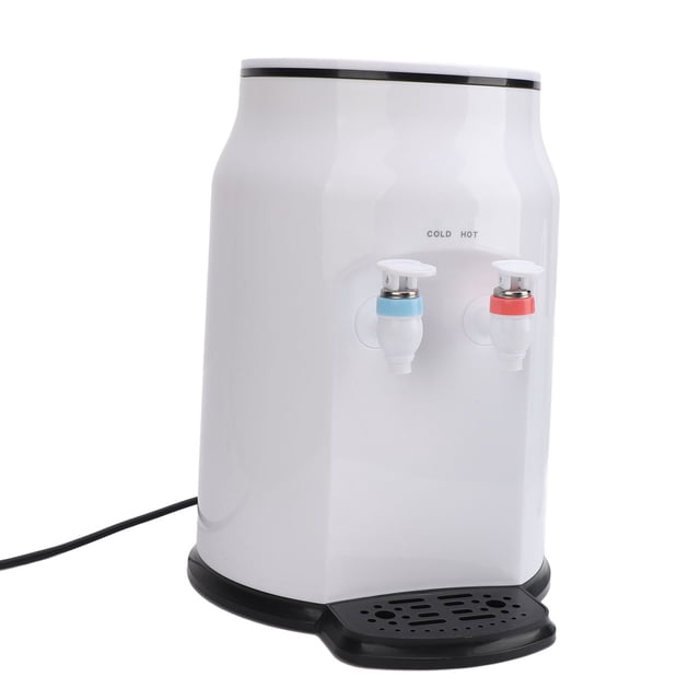 Hot Cold Water Dispenser, Dual Use Countertop Water Cooler Dispenser with top-loading design and dual taps for hot and cold water. Made of ABS and 304 stainless steel, featuring a white finish and compact countertop size. Includes a water tray and instruction manual, suitable for dormitories, offices, and homes. Ideal for quick heating and desktop use.