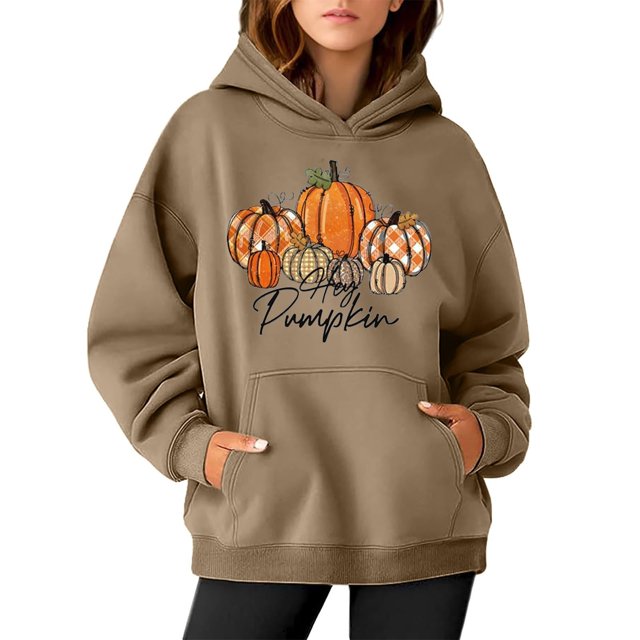 WEAIXIMIUNG Chandail à Capuchon pour Femmes Graphique Chandail pour Femmes Imprimé Citrouille Manches Longues Décontracté avec Poche Chandail à Capuchon