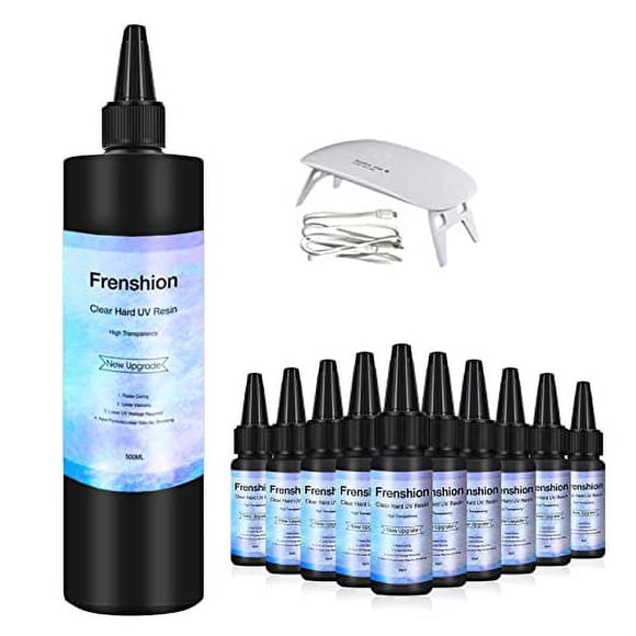 Lamp Included-500G UV Resin+10 Pieces 30ML Upgrade I Minute Quick Cure! Hard Type Crystal Clear Epoxy Resin, UV Glue Ultraviolet Curing, Solar Cure Sunlight Activated Resin Clear Adhesive Glue