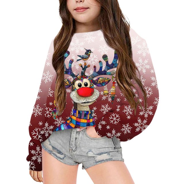 PMVFHDE Chandail Grande Taille en Liquidation Noël Enfants Mode Mignon Imprimé Col Rond Sans Capuche Manches Longues Chandail Vêtements Filles, Rouge Brique, 7-8 Ans