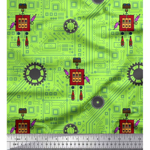 Soimoi Green Poly Georgette Fabric Cartoon Machine & Gear Parts Hardware Printed Fabric 1 Yard 42 Inch Wide