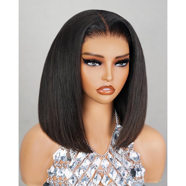 MEGALOOK Perruque Bob 12A Cheveux Humains Porter et Aller Perruque Sans Colle Pré-Découpée Dentelle 6x5 Fermeture HD Perruque Réelle Pré-Plunchée Droite Courte Perruques Bob Nœuds Minuscules Perruque Bob 10 Pouces