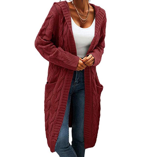 Women Hooded Open Front Cardigan Cable Knit Sweaters Solid Chunky Long Sweater Coats with Pockets