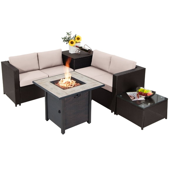 Patiojoy Ensemble de Mobilier de Patio 5 Pcs avec Table de Foyer au Gaz de 30 Pouces, Ensemble de Canapé Sectionnel de Conversation en Osier PE pour l'Extérieur avec Coussins Beige