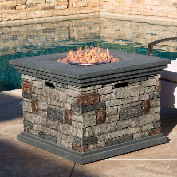 Morufur Table de Foyer au Gaz Carré de 32 Pouces, Foyer au Propane Toutes Saisons de 40 000 BTU pour Patio Extérieur, Foyer à Fini en Pierre Naturelle Synthétique avec Roches de Lave pour Foyer de Cour Arrière