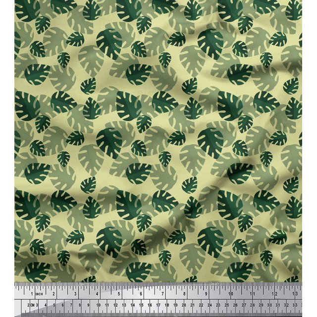 Soimoi Beige Voile de Coton Monstera Feuilles Tissu Imprimé 1 Yard 56 Inch Wide
