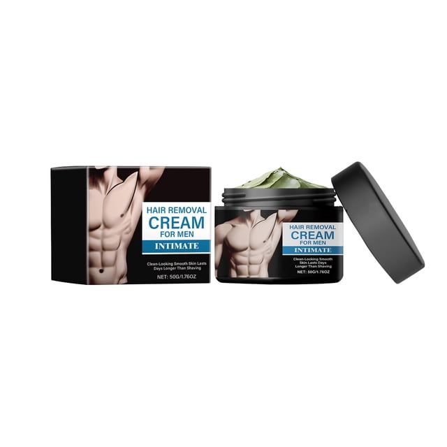 Hair Removal For Men Private Hair Removal For Men Soothing Depilatory for unwanted male hair in private areas. The image shows a 50g (1.76oz) jar of hair removal cream with its lid slightly open, revealing a green cream inside. The product packaging features a muscular male torso illustration and text highlighting its use for intimate areas. Designed for external use, it is suitable for all skin types and emphasizes safety with patch testing and allergy precautions.