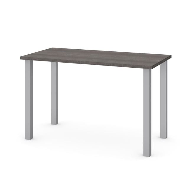 Bestar Universel 48W Table Desk with square metal legs in bark grey, featuring a 1-inch thick commercial-grade particle board top with scratch-resistant laminate finish and matte silver square metal legs with adjustable levelers for uneven floors, suitable for office or study environments.