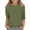 thumbnail image 2 of 2025 Chemises à Manches 3/4 pour Filles Mode Couleur Unie Col Rond Hauts Chemises Décontractées Vert Olive, 2 of 6
