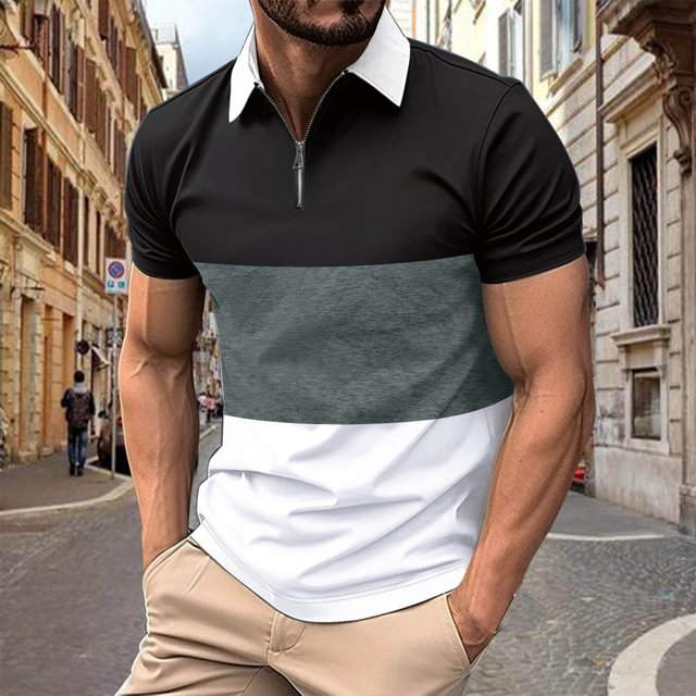 Chemises pour Hommes, Mode Homme Décontractée Couleur Unie Fermeture Éclair Manches Courtes Col Rabattu Blouse