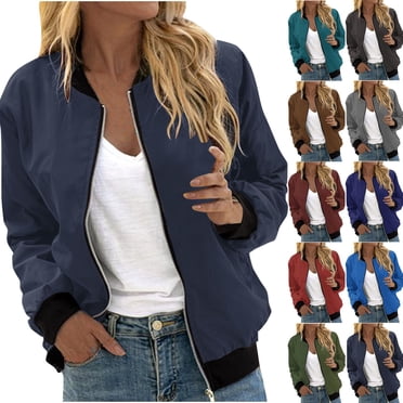 Wiyuqeen Collarless Jackets for Women Lightweight Bomber Jackets with Pockets Ladies Long Sleeve Zip Up Coats Plain Fall Winter Outerwear 2024