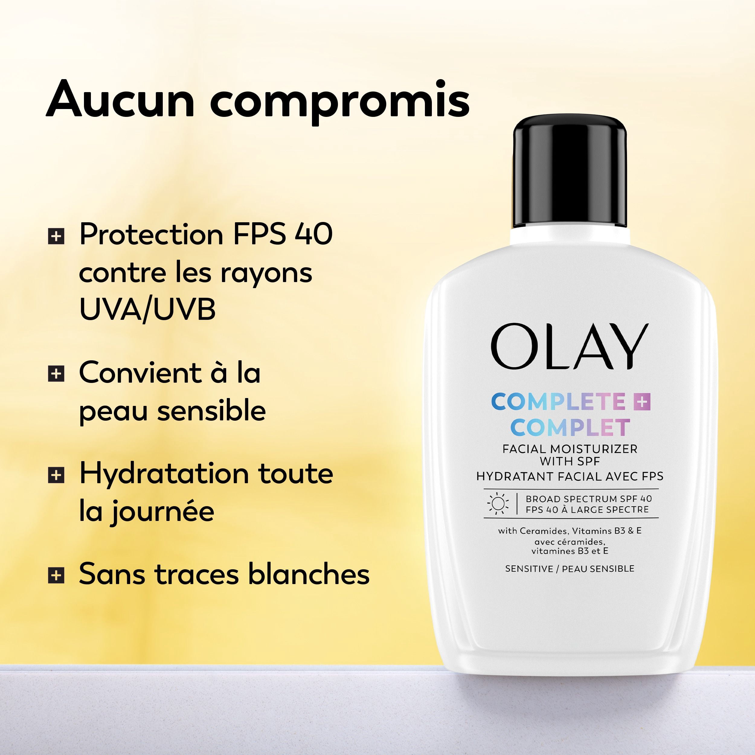 Hydratant Pour Le Visage Olay Complet+ avec Fps 40, Sans Parfum Pour La Peau Sensible, Protection Solaire À Large Spectre – Sans Traces Blanche, Nourrit La Barrière D’Hydratation – Céramides, 177 mL