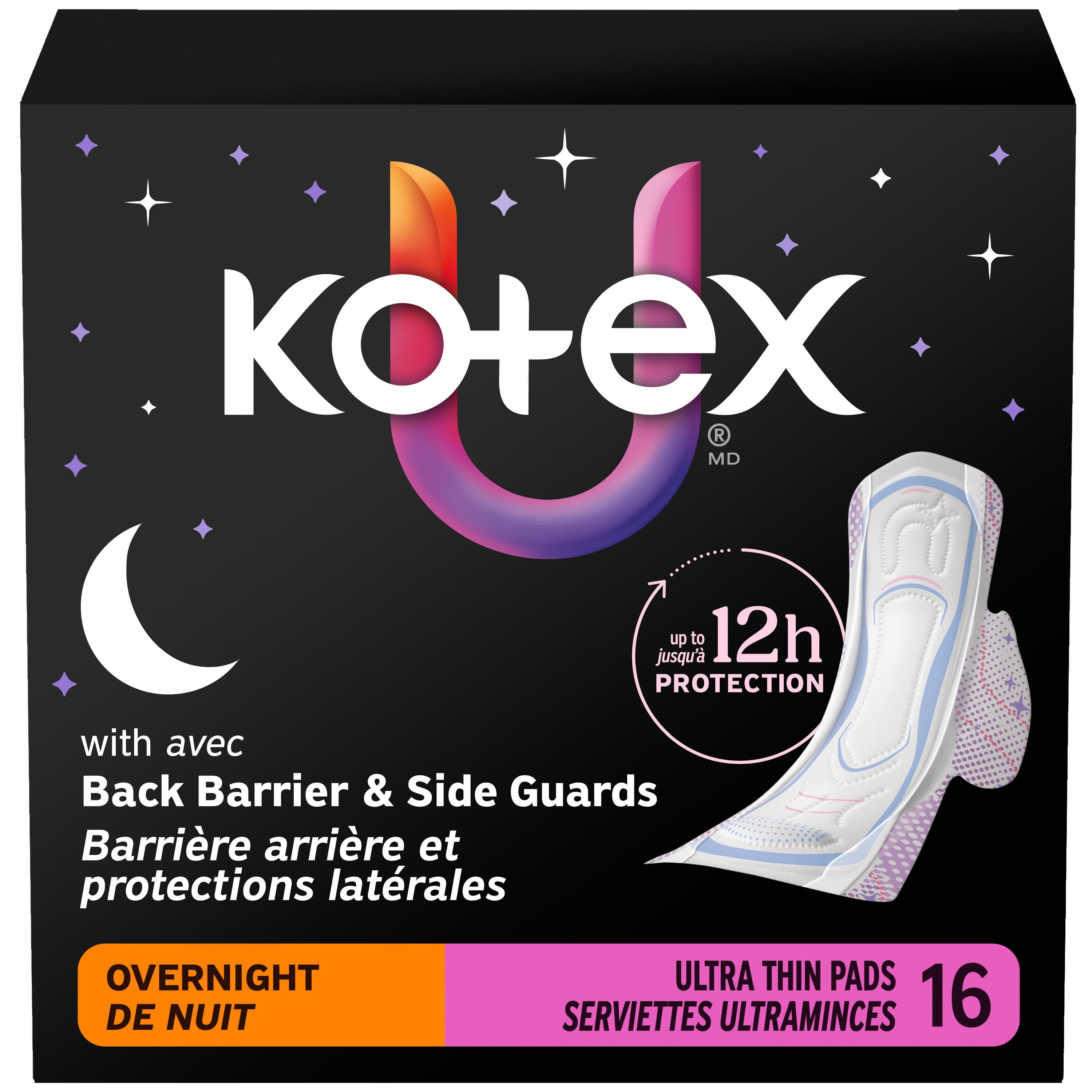 Serviettes ultraminces de nuit Kotex avec ailes, absorption De Nuit, 16 unités