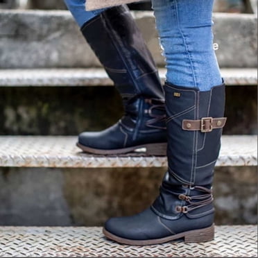 TIMIFIS Bottes d'Hiver Mi-Mollet de Moto de Combat pour Femmes, Mode, Unies, à Lacets, Bout Rond, Bottillons, Bottes à Talon Moyen, Chaussures, Cadeaux de Noël pour Femmes