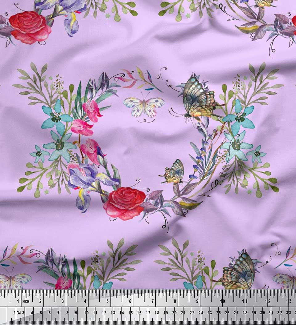 Soimoi Pink Cotton Poplin Fabric Insect,Rose & Wreath Flower Printed Fabric 1 Yard 56 Inch Wide